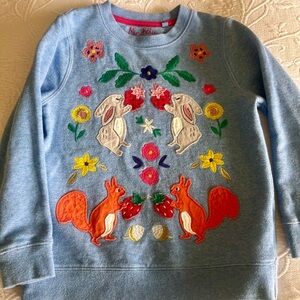 Mini Boden Blue Sweatshirt with Colorful Animal & Floral Appliqués